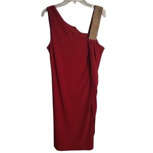 DJ-Jaz Dress‎ Red With Gold Rinestones Size 6 Draped Stretch Midi Party Cocktail